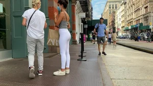 Sexy babe shopping with mom in tight white leggings
