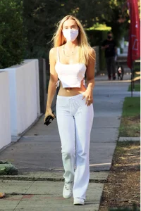 Alexis Ren at Moon Juice with hard nipples and a great ass in white tight sweats