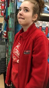 Sexy Canadian employee with glasses in tight leggings showing her awesome ass