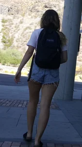 Blonde in cheeky jean short shorts! OC!