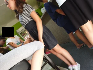 Skinny candid teen in short grey tights