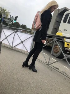 Cute Smoking Hot Blonde in High-Heeled Shoes and Tight Pants on the Crosswalk Candid Photo Collection
