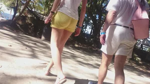 Milf in yellow shorts with vpl and a wedgie