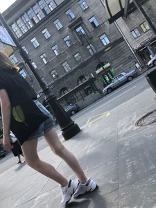 Candid Teen in Denim Shorts And Sneakers With Slim Legs Street Photos