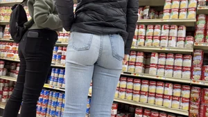 Sexy Asian girl grocery shopping in tight jeans with a nice ass