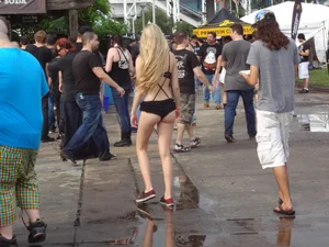 Blonde Girl in Swimsuit Street Candid Photo
