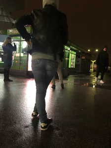 Cute Girl in Leather Jacket and Tight Jeans - Late Evening City Creepshot