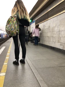 Cute Skinny Girl Tight Jeans Closeup Candid in Subway