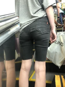 Long Skinny Legs and Hot Booty in Denim Shorts on a Subway Escalator Creepshots Series