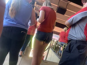 Bunch of girls in various outfits at a Cardinals baseball game
