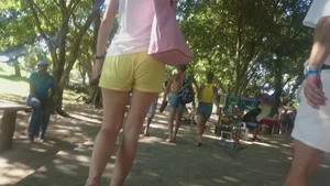 Milf in yellow shorts with vpl and a wedgie