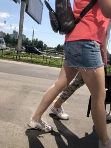 Candid girls passing by, denim shorts and nice pale legs