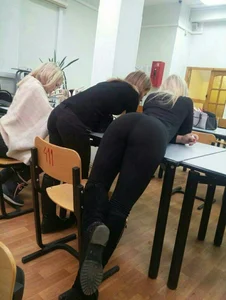 Tall Blonde College Teen Bending Over Desk in Classroom - Amazing Long Legs