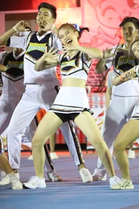 Bunch of athletic Thai cheerleaders at a competition