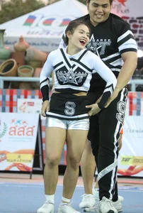 Bunch of athletic Thai cheerleaders at a competition