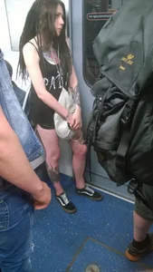 Sexy Tattooed Candid Girl Standing in a Subway Train Creepshot