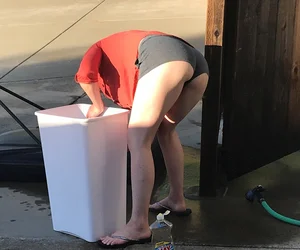 Sexy Candid Milf in Spandex Mini-Shorts And Flip-Flops Bending Over While Cleaning, Great Legs