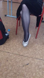 College Classroom Creepshot - Teen in Long Skirt Sitting on a Chair with Her Legs Crossed in Black Pantyhose and Flats