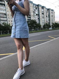 Girl in a Denim Dress and Sneakers with Nice Legs on the Bus Stop Candid Photo Gallery