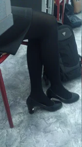 College Girl Sitting in Classroom with Crossed Legs in Black Pantyhose Candid