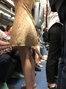 Cute Girl in a Dress with Skinny Legs in Sandals Subway Train Candid Photo