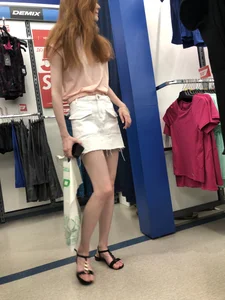 Redhead in Sandals and Skirt with Skinny Legs Candids