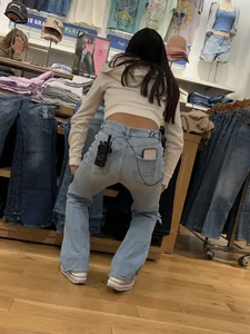 Slim mexican latina squatting and working (oc)