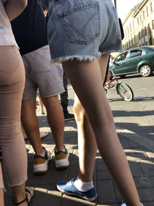 Skinny Legs in Denim Shorts City Street Candid Pics