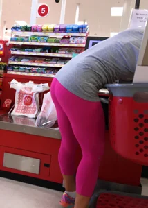 Blondes great ass in pink leggings shopping at Target
