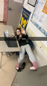 Bespectacled girl in socks snapchat photo