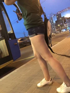 Girl in Denim Mini Shorts with Great Legs City Bus Stop Candid
