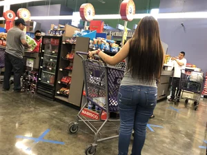 Big booty Latina chick in tight jeans at the market