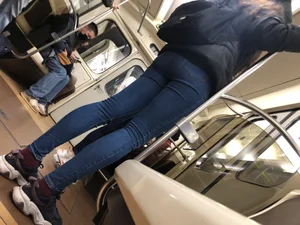 Nice Thin Legs and Small Booty in Blue Tight Jeans in the Subway Train Candid Pics