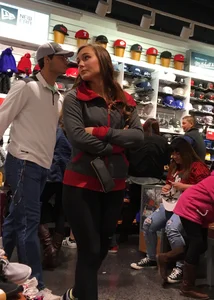 Pretty girl shopping with boyfriend in leggings with a nice ass