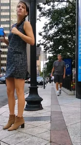 Cute office girl tan smooth legs blue cup of coffee