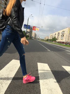 Hot Girl in Tight Blue Jeans And Bright Pink Sneakers on a Crosswalk Street Booty Creepshots Collection