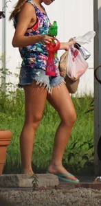 Hot teen neighbor getting ready for the beach in short shorts showing some cheek