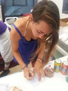 Sexy French girl with nice tits showing some cleavage and bra while working