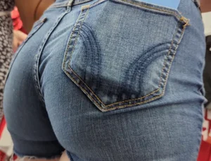 Awesome candid bubble booty in denim shorts, closeup creepshot at the store
