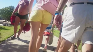 Milf in yellow shorts with vpl and a wedgie