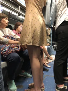 Cute Girl in a Dress with Skinny Legs in Sandals Subway Train Candid Photo