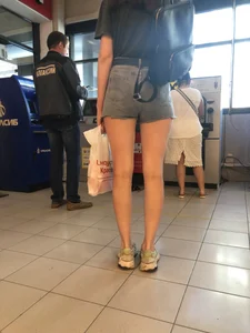 Candid Girl in Denim Shorts Waiting in Line to an ATM - Sexy Booty And Legs Creepshots