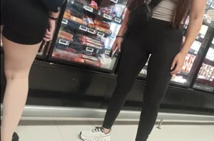 Two fitness girls  in black shorts and leggings in the supermarket [OC]