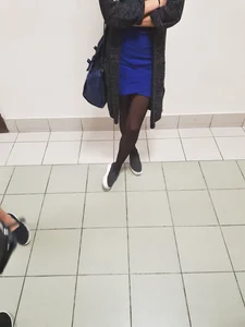 Blonde College Girl's Legs in Black Pantyhose - Short Blue Dress Creepshots