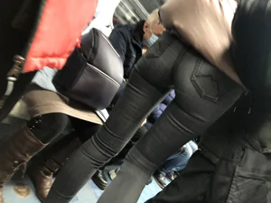 Some extremely lean and firm ass in tight grey jeans in a subway train closeup creepshots