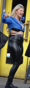 Blonde milf with nice big ass in shiny leather leggings