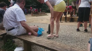 Milf in yellow shorts with vpl and a wedgie