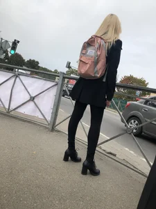 Cute Smoking Hot Blonde in High-Heeled Shoes and Tight Pants on the Crosswalk Candid Photo Collection