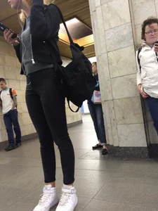 Cute Teen in Black Tight Jeans Subway Platform Candid