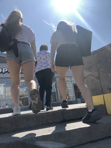 Stocky Girls in Denim Shorts on the Street Stairs Nice Legs Candid Photos
